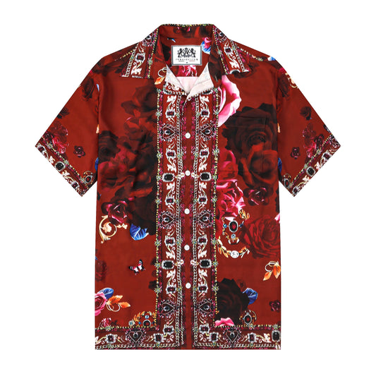 Red Rose Floral Silk Fiber Short Sleeve Casual Shirt