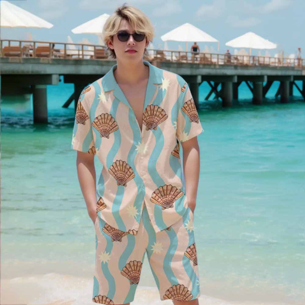 Beach Shell Print Camp Collar Short Sleeve Shirt