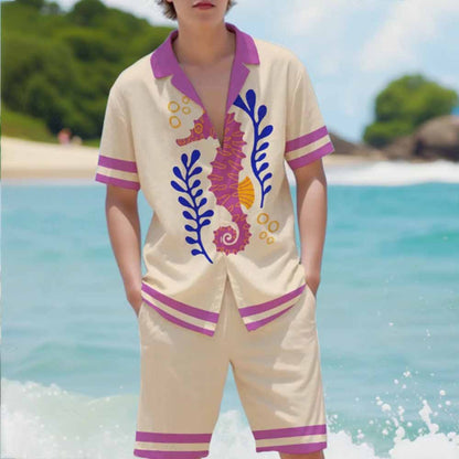 Ocean-Themed Seahorse Print Camp Collar Short Sleeve Shirt