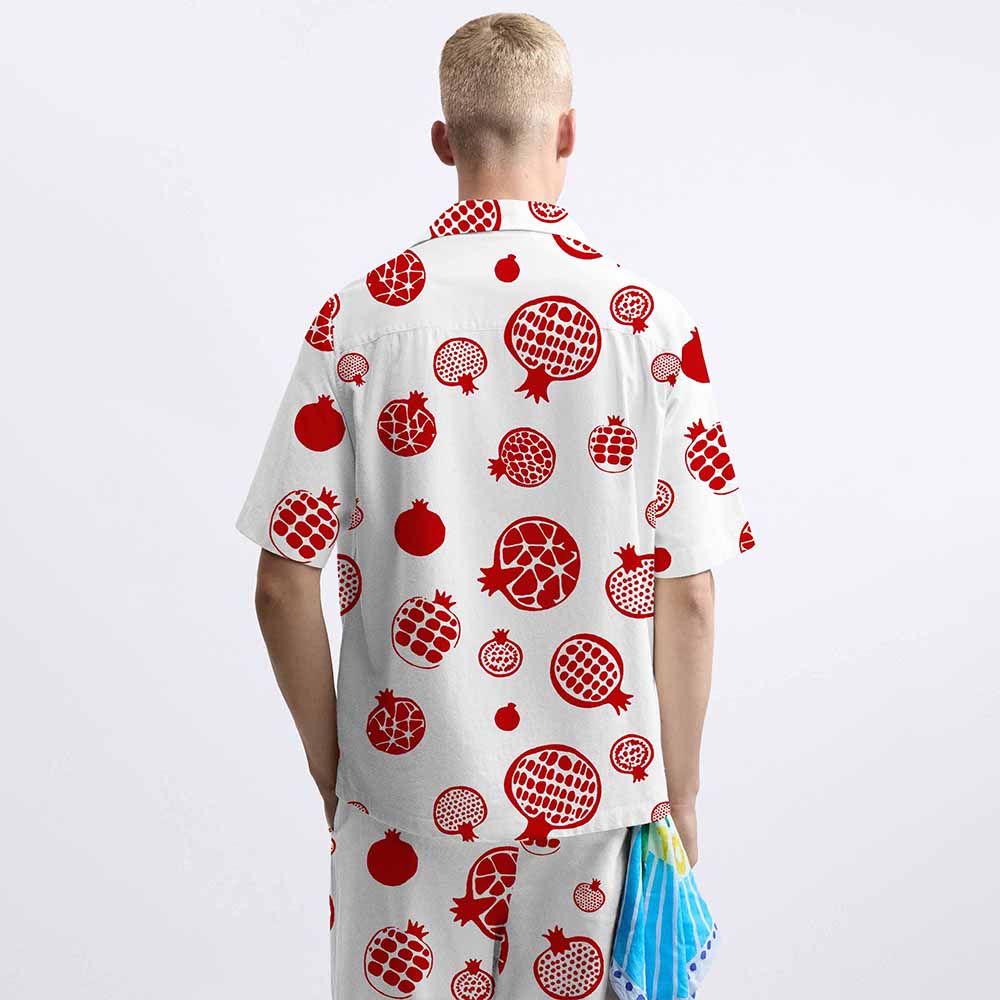 Red Pomegranate Print Pattern Camp Collar Short Sleeve Shirt