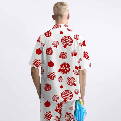Red Pomegranate Print Pattern Camp Collar Short Sleeve Shirt