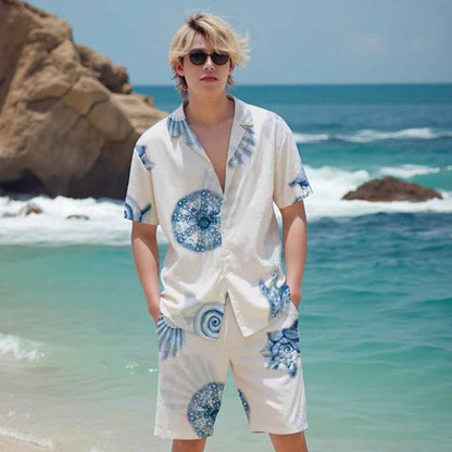 Ocean Blue Shell Print Camp Collar Short-Sleeved Shirt