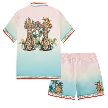 Tropical Tiki Statue Pattern Short Sleeve Camp Collar Shirt in Pink