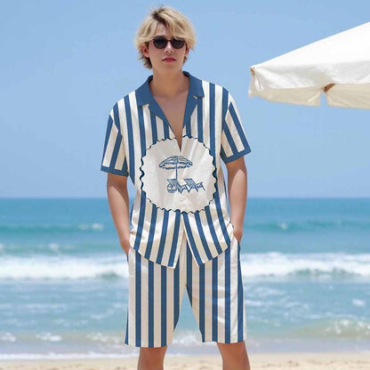 Vertical Striped Beach Style Print Camp Collar Short Sleeve Shirt