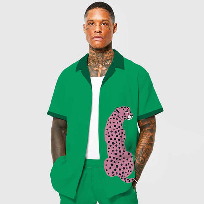 Leopard Print Green Elastic Waistband Summer Casual Shorts