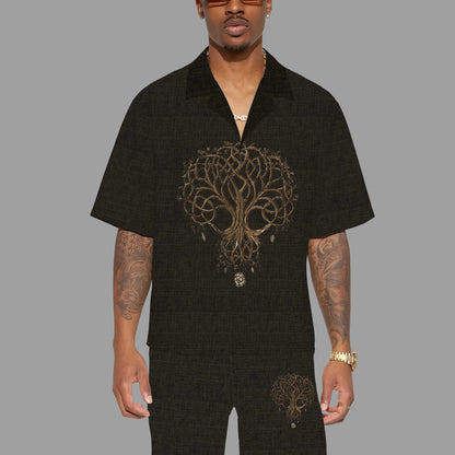 Men's Black Viking Tree of Life Print Casual Elastic Waist Shorts
