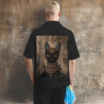 Men's Vintage Egyptian Buster Cat Art Pattern Camp Collar Short Sleeve Shirt