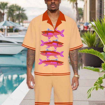 Color-Blocked Fish Pattern Camp Collar Short Sleeve Shirt