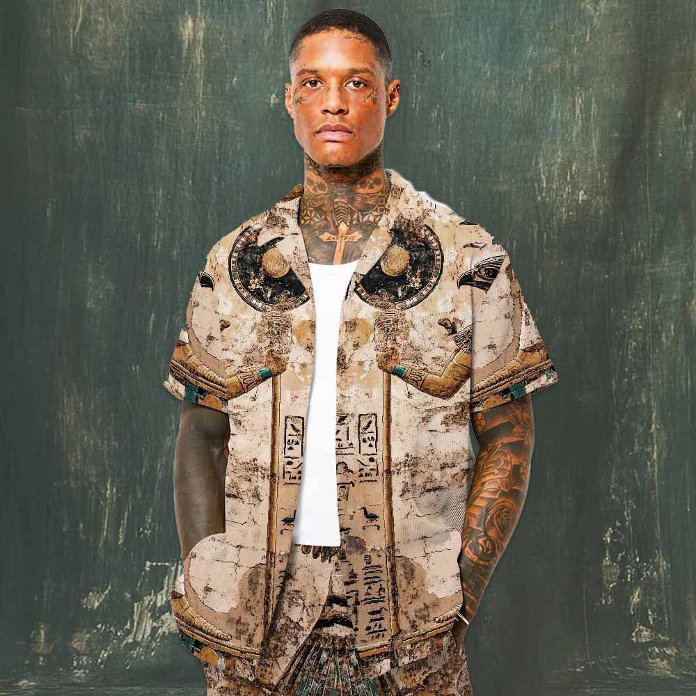 Ancient Egyptian Horus Print Camp Collar Short-Sleeved Shirt