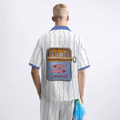 Fun Cat Fish Steak Lined Up Print Camp Collar Short-Sleeved Shirt