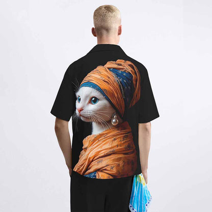 Funny Cat Girl With Pearl Earring Print Elastic Band Casual Shorts