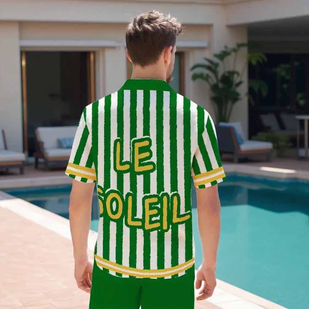 Green Vertical Stripes Camp Collar Short Sleeve Shirt
