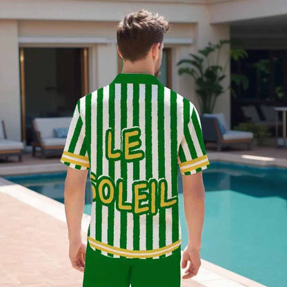 Green Vertical Stripes Camp Collar Short Sleeve Shirt
