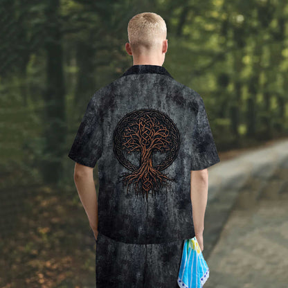 High-Grade Gradient Gray Viking Tree Of Life Pattern Camp Collar Short Sleeve Shirt