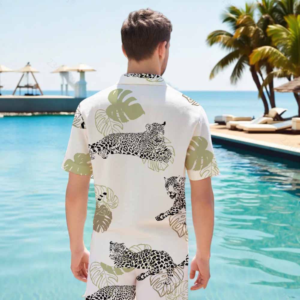 Tropical Leaves And Leopard Prints Camp Collar Short-Sleeved Shirt