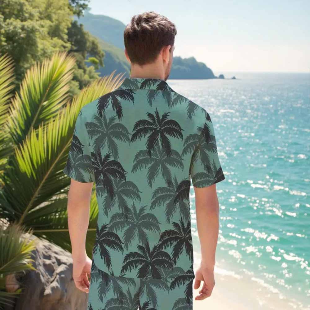 Green Hawaiian Leaf Pattern Camp Collar Short Sleeve Shirt