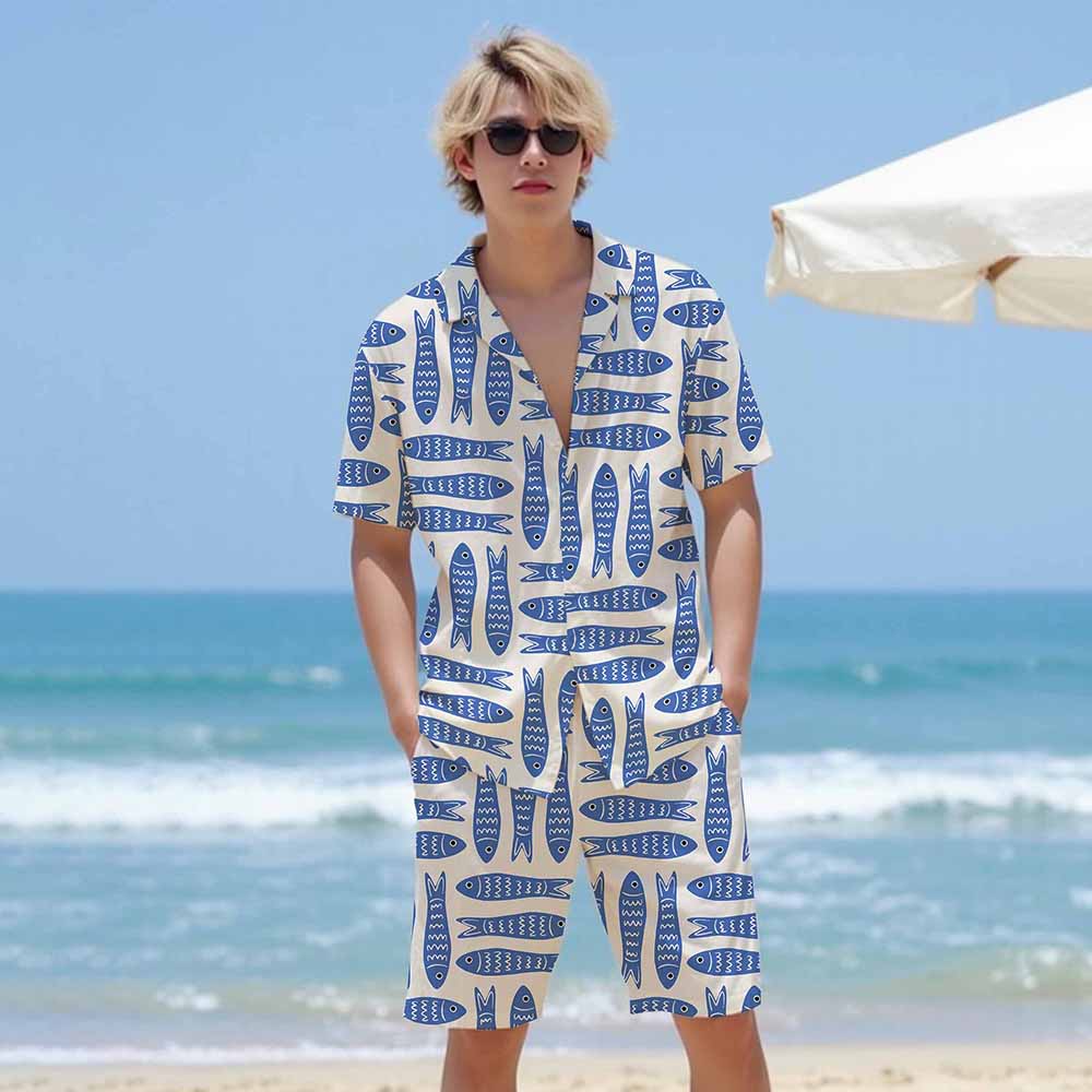 Summer Hawaiian Blue Fish Pattern Elastic Waistband Summer Casual Shorts