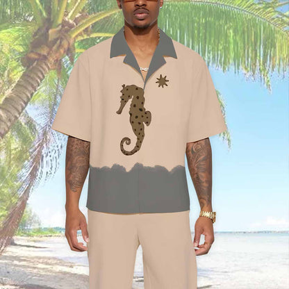 Ocean-Style Brown Seahorse Pattern Camp Collar Short Sleeve Shirt