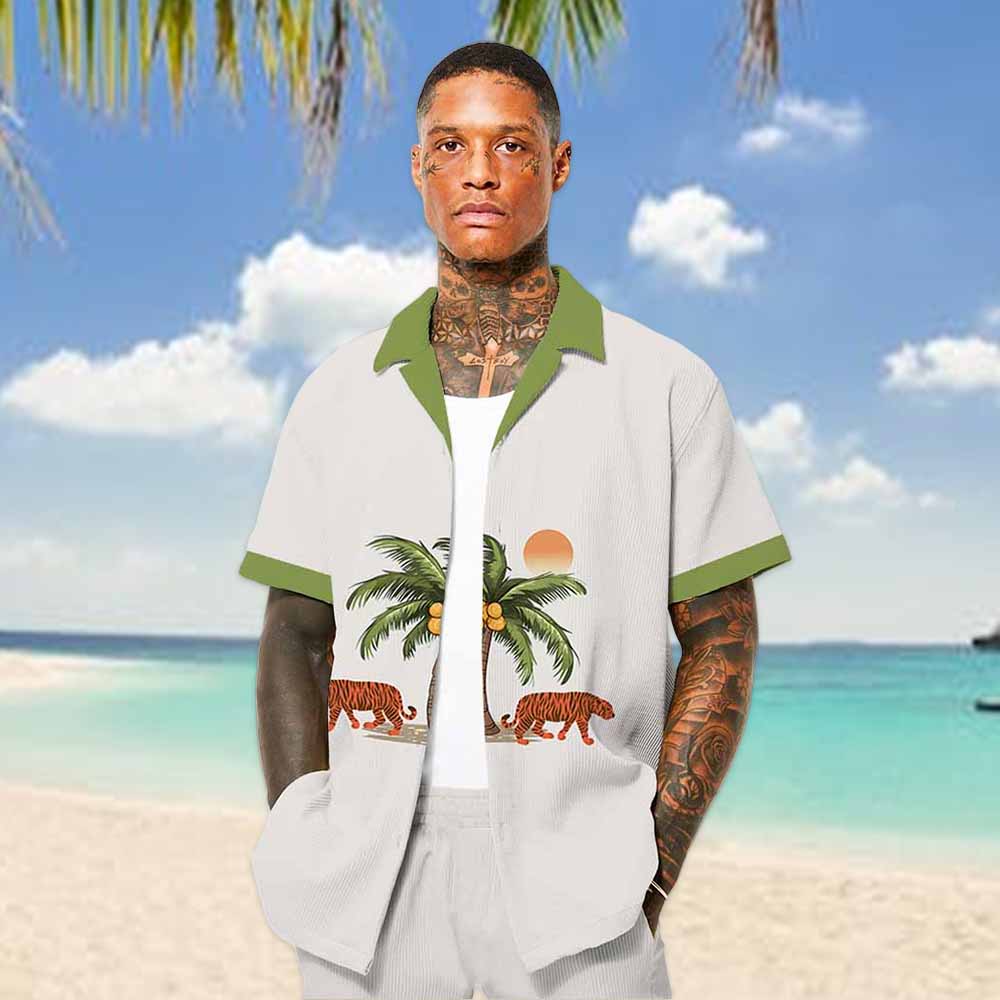 Tropical Coconut Trees & Tiger Print Camp Collar Short-Sleeved Shirt
