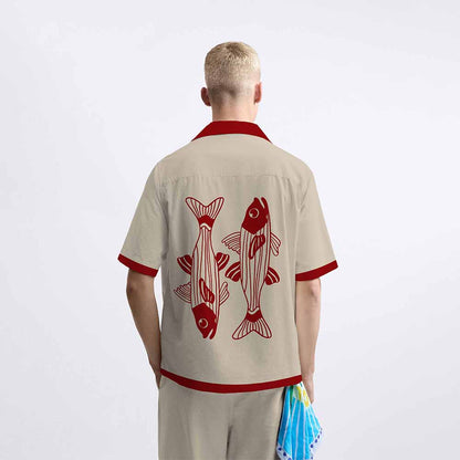 Khaki Retro Fish Pattern Camp Collar Short Sleeve Shirt