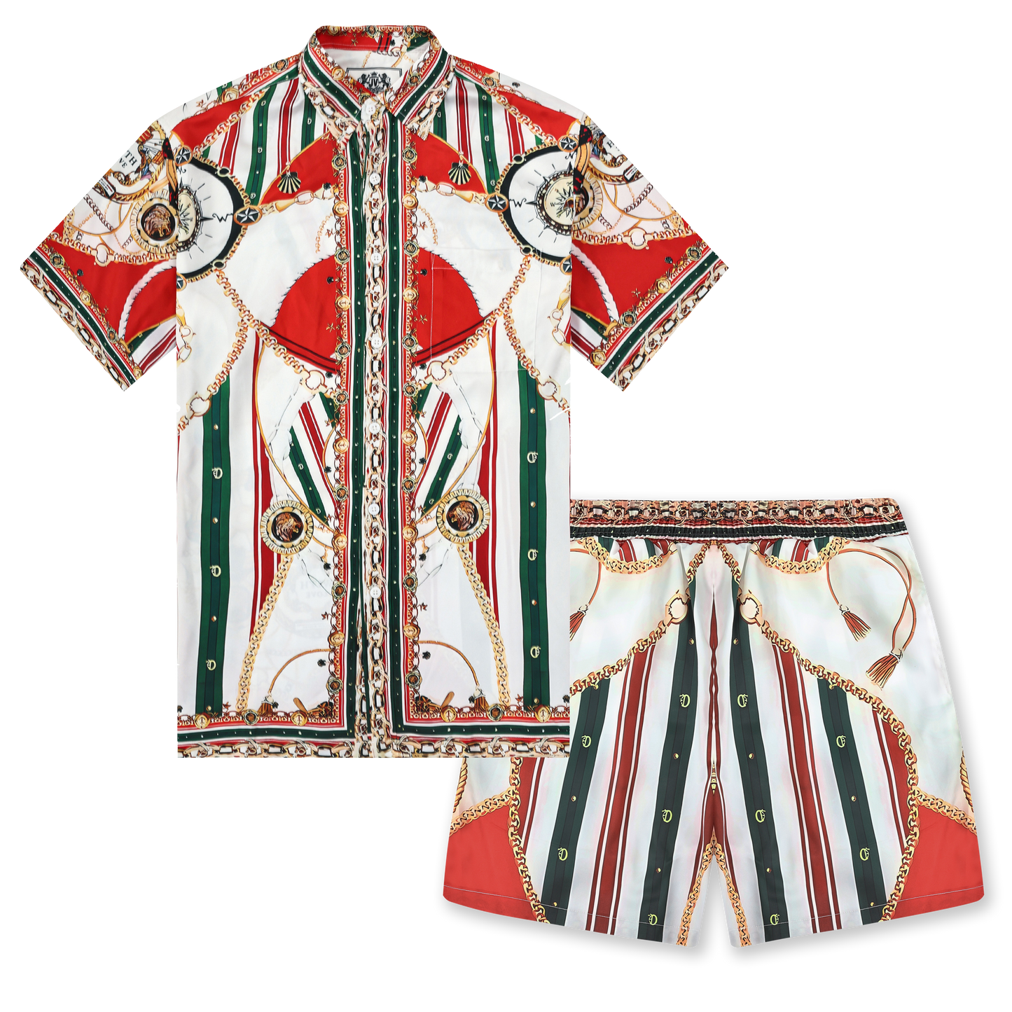 Vintage Red Green Chain Pattern Waistband Shorts