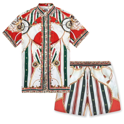 Vintage Red Green Chain Pattern Waistband Shorts