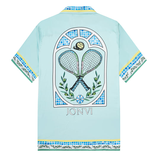Tennis Print Camp Collar Short Sleeve Shirt