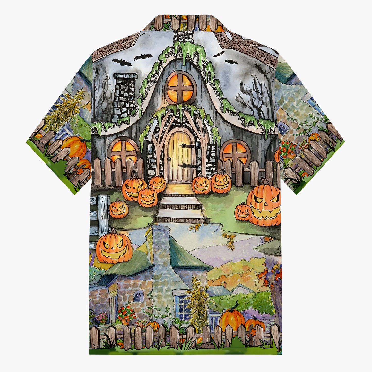 Halloween Pumpkin House Camp Collar Short Sleeve Shirt