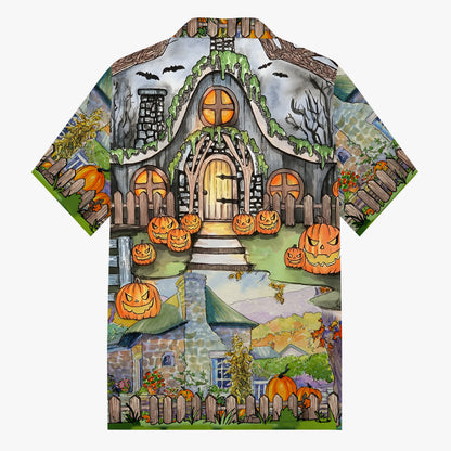 Halloween Pumpkin House Camp Collar Short Sleeve Shirt