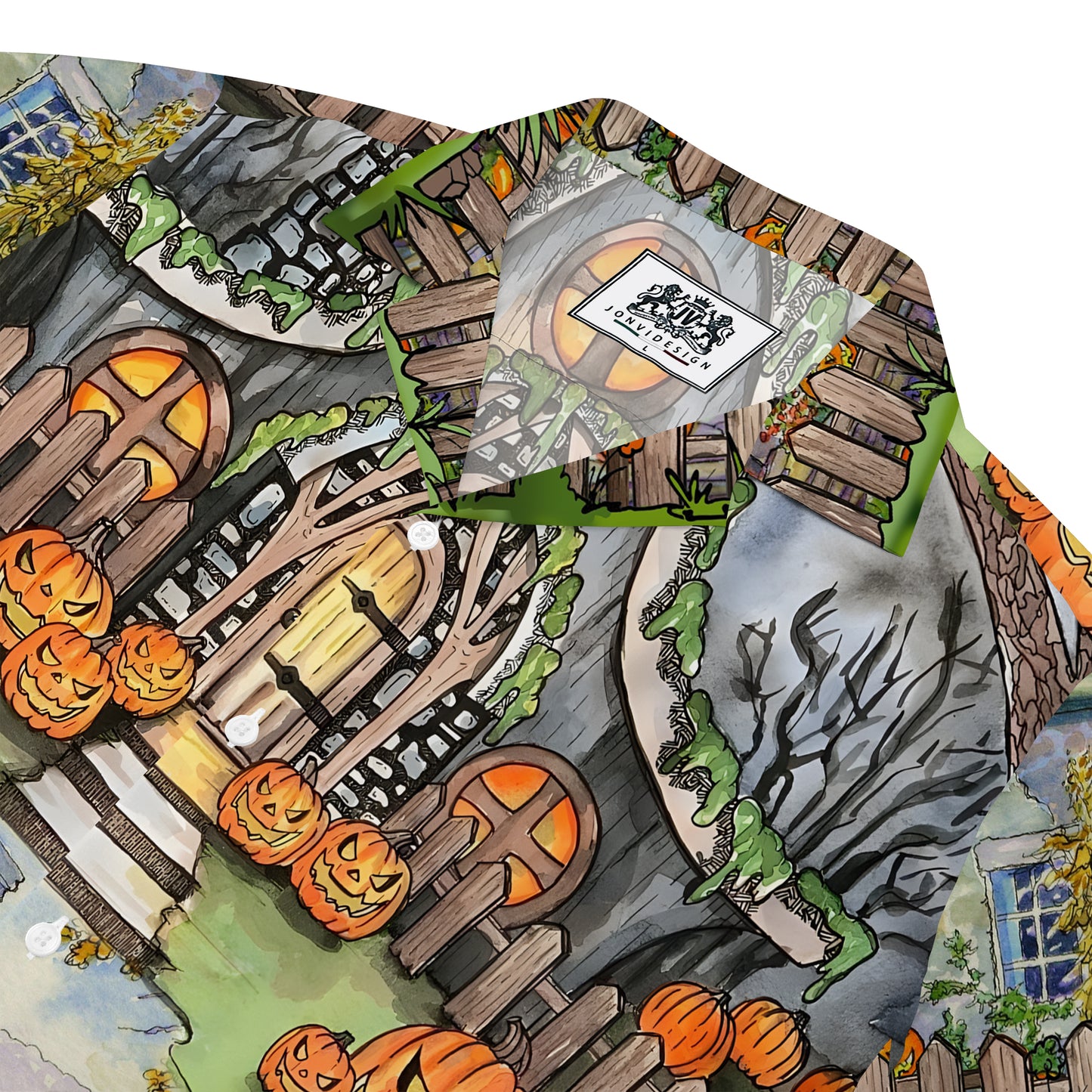 Halloween Pumpkin House Camp Collar Short Sleeve Shirt