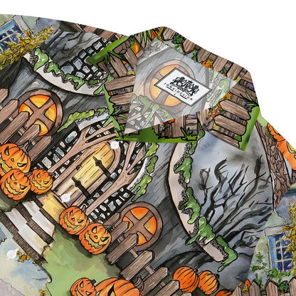 Halloween Pumpkin House Camp Collar Short Sleeve Shirt