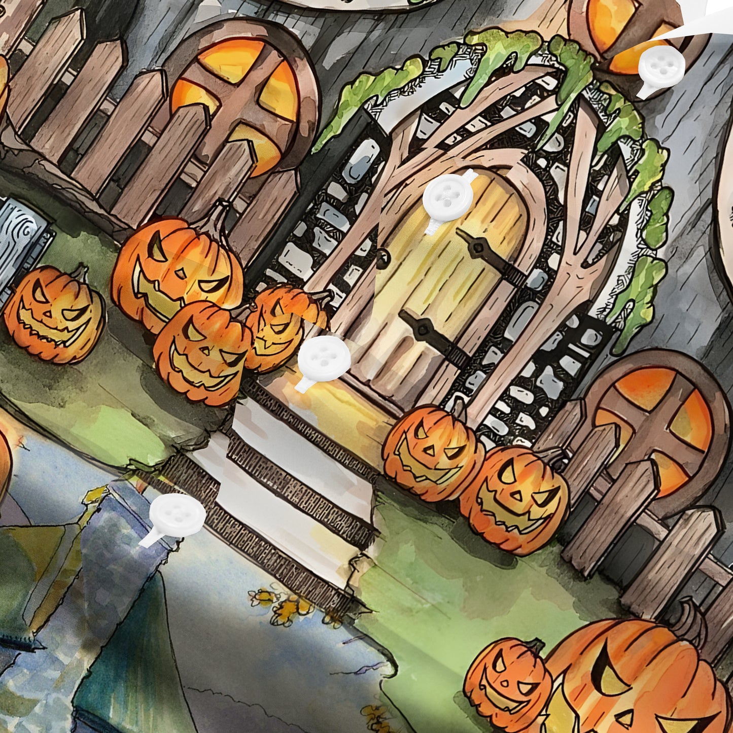 Halloween Pumpkin House Camp Collar Short Sleeve Shirt