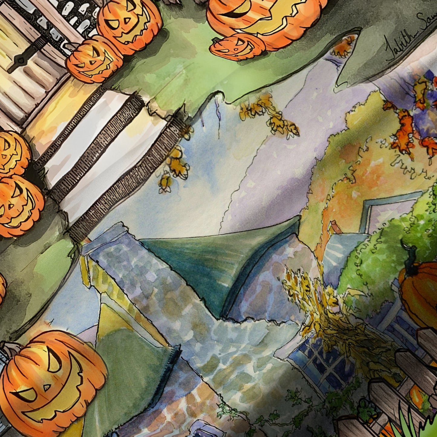 Halloween Pumpkin House Camp Collar Short Sleeve Shirt