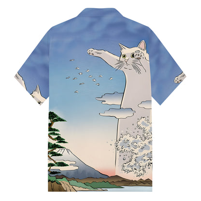 Giant Cat Mount Fuji Print Camp Collar Short Sleeve Shirt