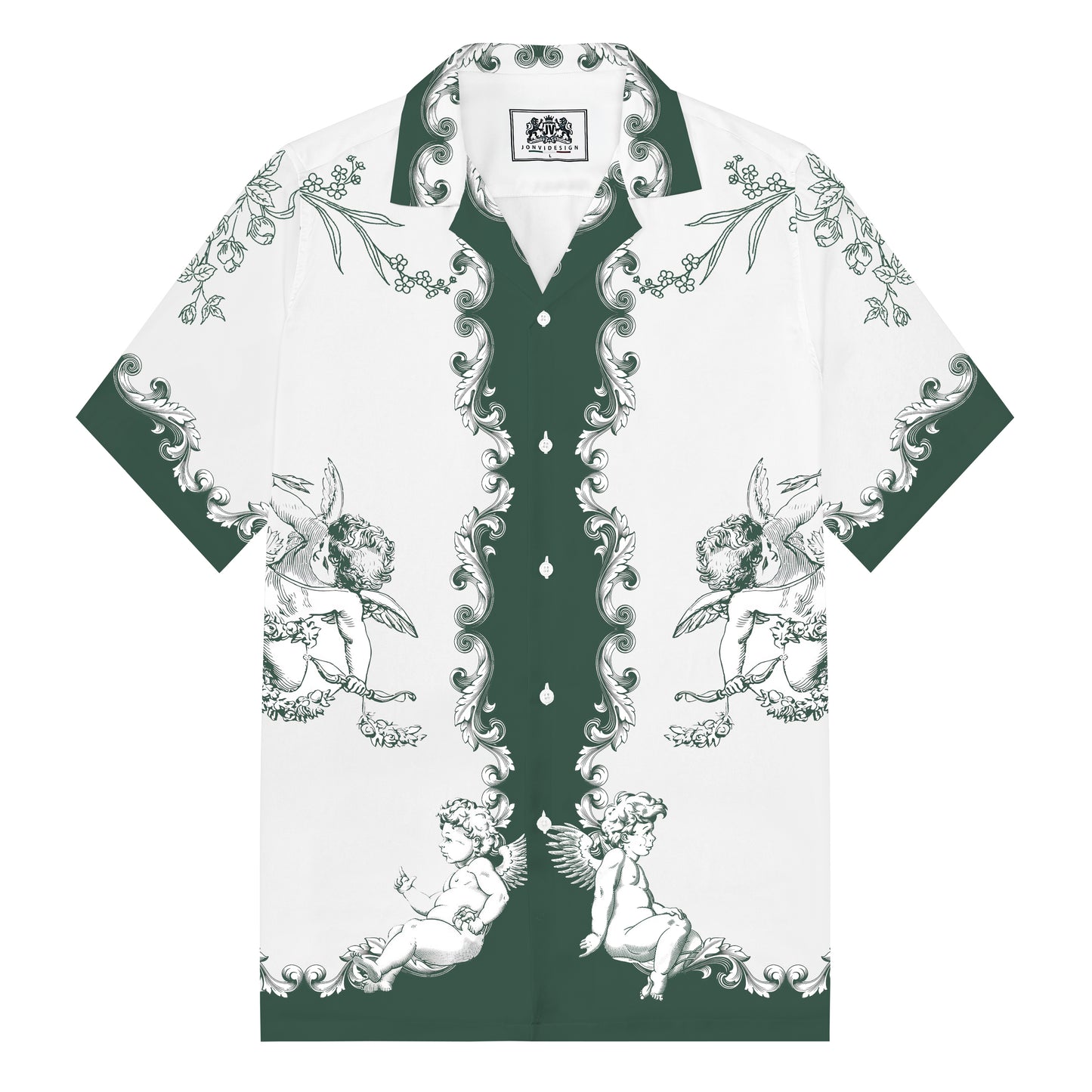 Cupid Little Angel Print Camp Collar Short Sleeve Shirt
