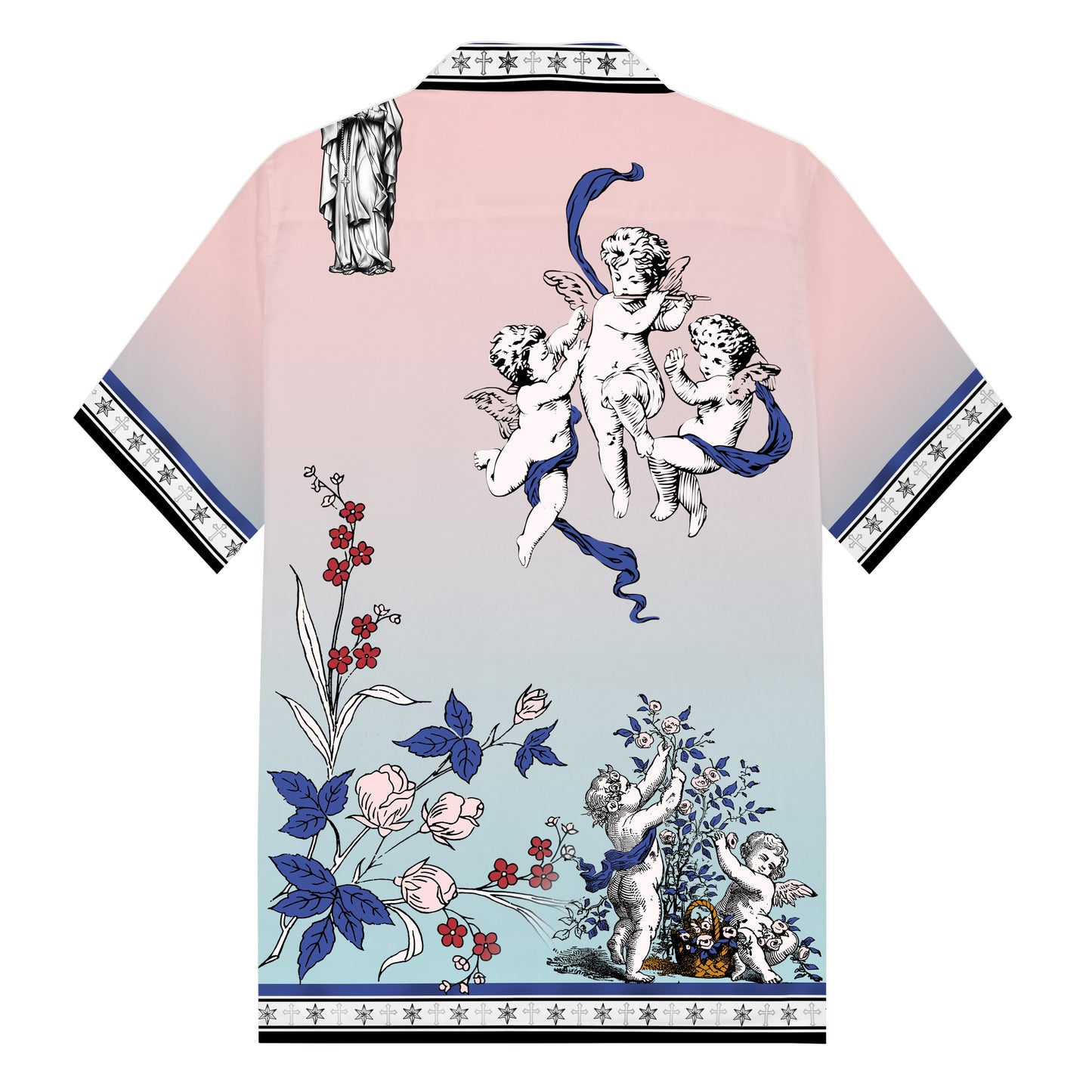 Virgin Statue Ancient Greek Cherub Print Camp Collar Short Sleeve Shirt