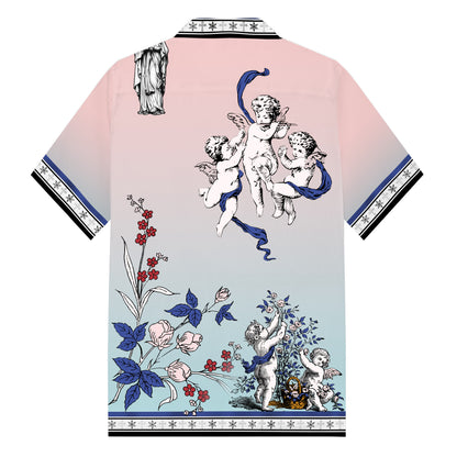 Virgin Statue Ancient Greek Cherub Print Camp Collar Short Sleeve Shirt