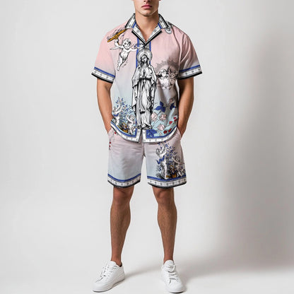 Virgin Statue Ancient Greek Cherub Print Elastic Waistband Summer Casual Shorts