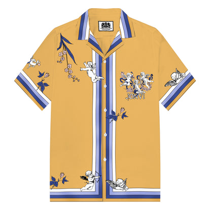 Little Angel Playing Print Camp Collar Short Sleeve Shirt