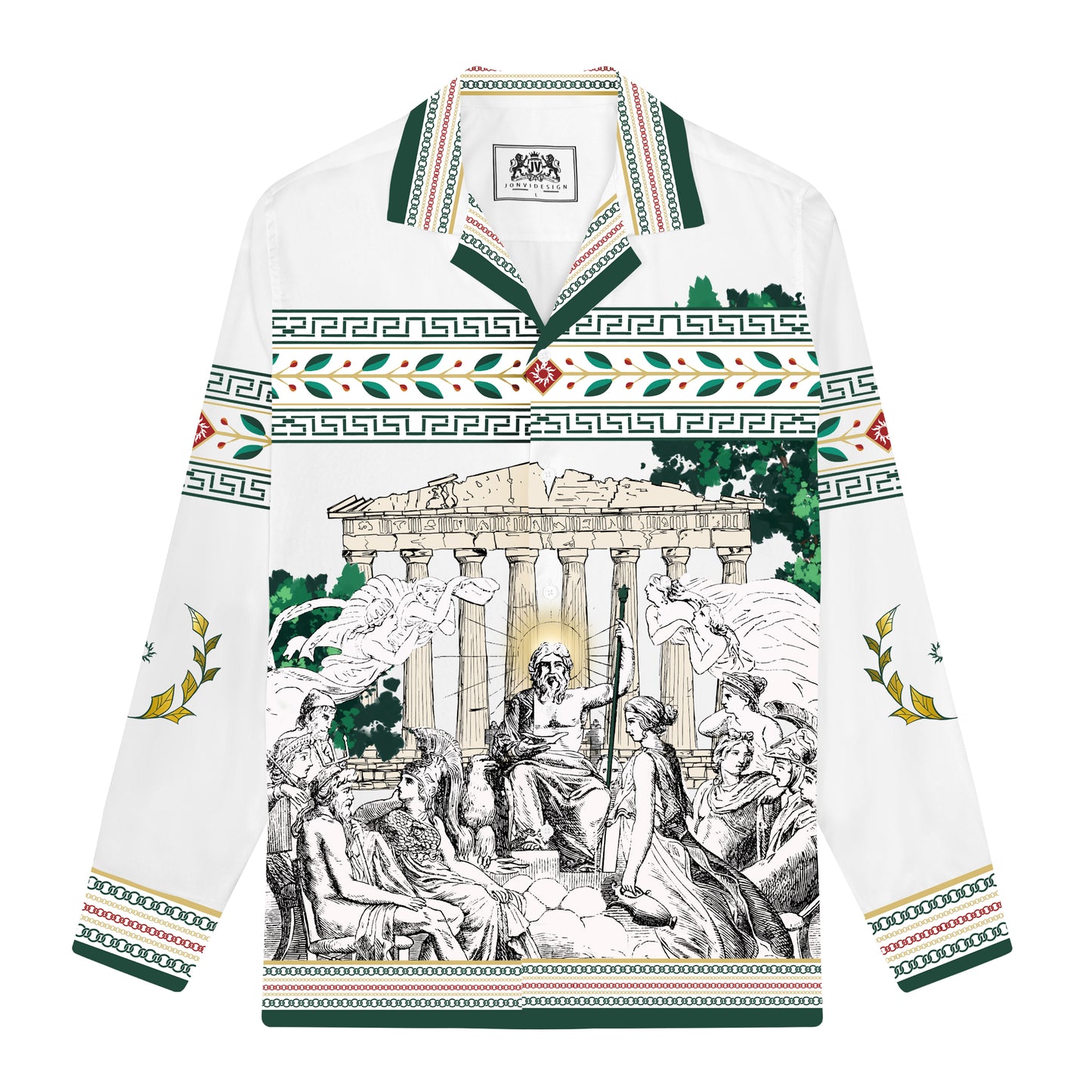 Greek Gods Print Long Sleeve Camp Collar Shirt