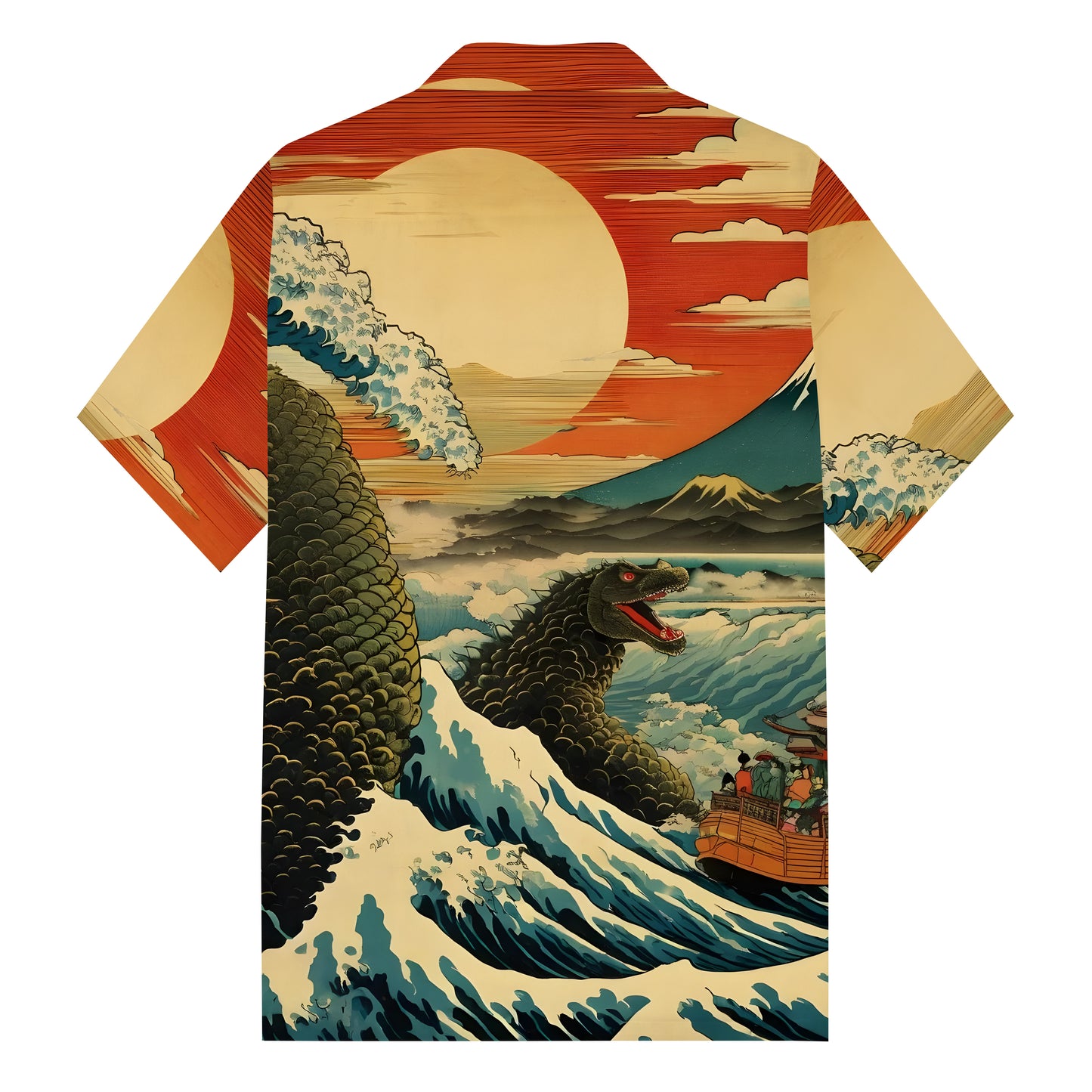 The Great Wave off Kanagawa Monster Print Camp Collar Short Sleeve Shirt