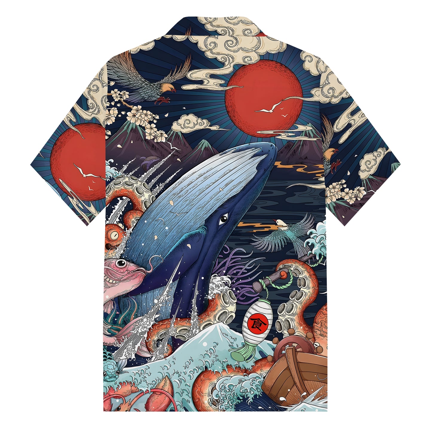 Ukiyo-e Ocean World Blue Sea Print Camp Collar Short Sleeve Shirt