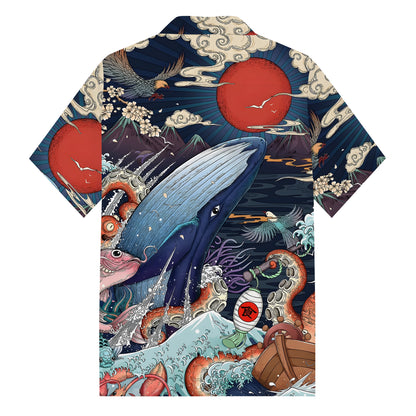 Ukiyo-e Ocean World Blue Sea Print Camp Collar Short Sleeve Shirt
