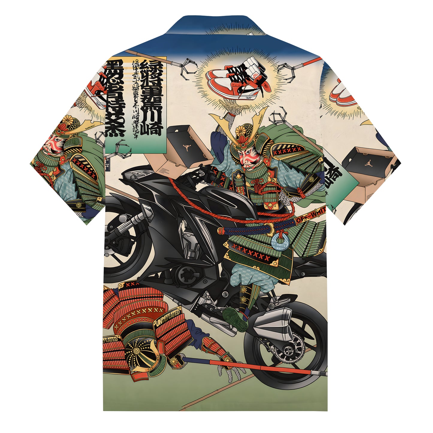 Ukiyoe Motorcycle Print Camp Collar Short Sleeve Shirt