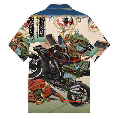 Ukiyoe Motorcycle Print Camp Collar Short Sleeve Shirt