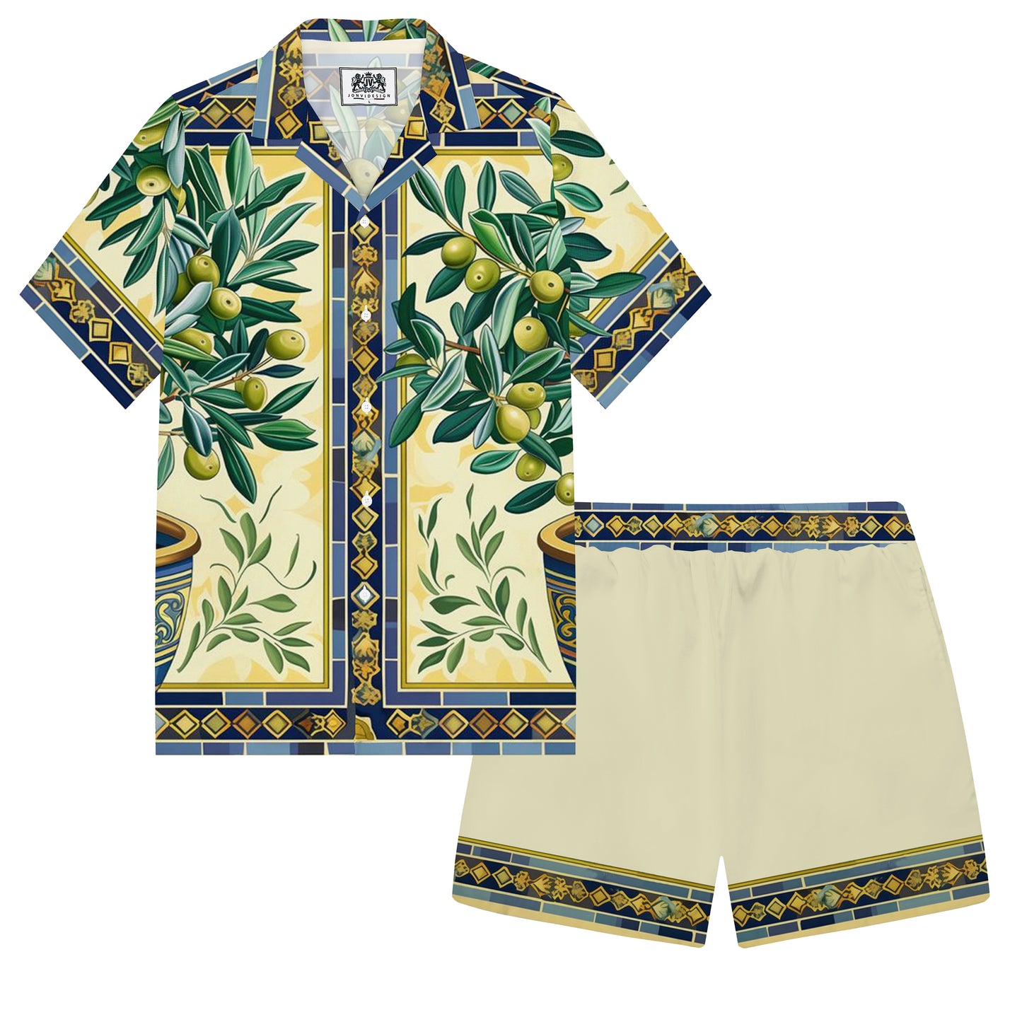 Olive Tree Pattern Elastic Waistband Casual Shorts