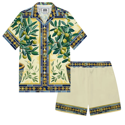 Olive Tree Pattern Elastic Waistband Casual Shorts