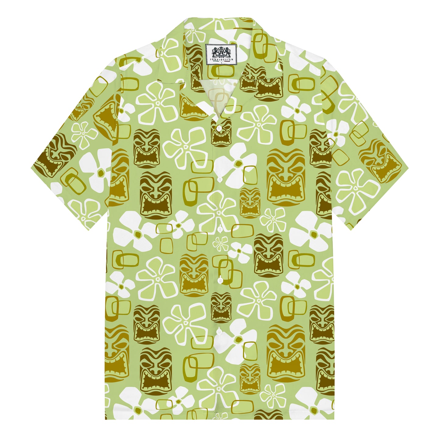 Vintage Holiday Tiki Art Green Men's Hawaiian Camp Collar Short Sleeve Shirt