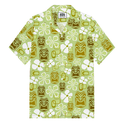 Vintage Holiday Tiki Art Green Men's Hawaiian Camp Collar Short Sleeve Shirt