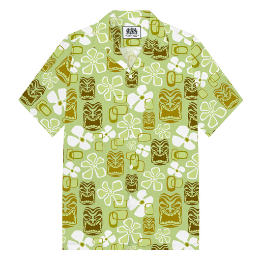 Vintage Holiday Tiki Art Green Men's Hawaiian Camp Collar Short Sleeve Shirt